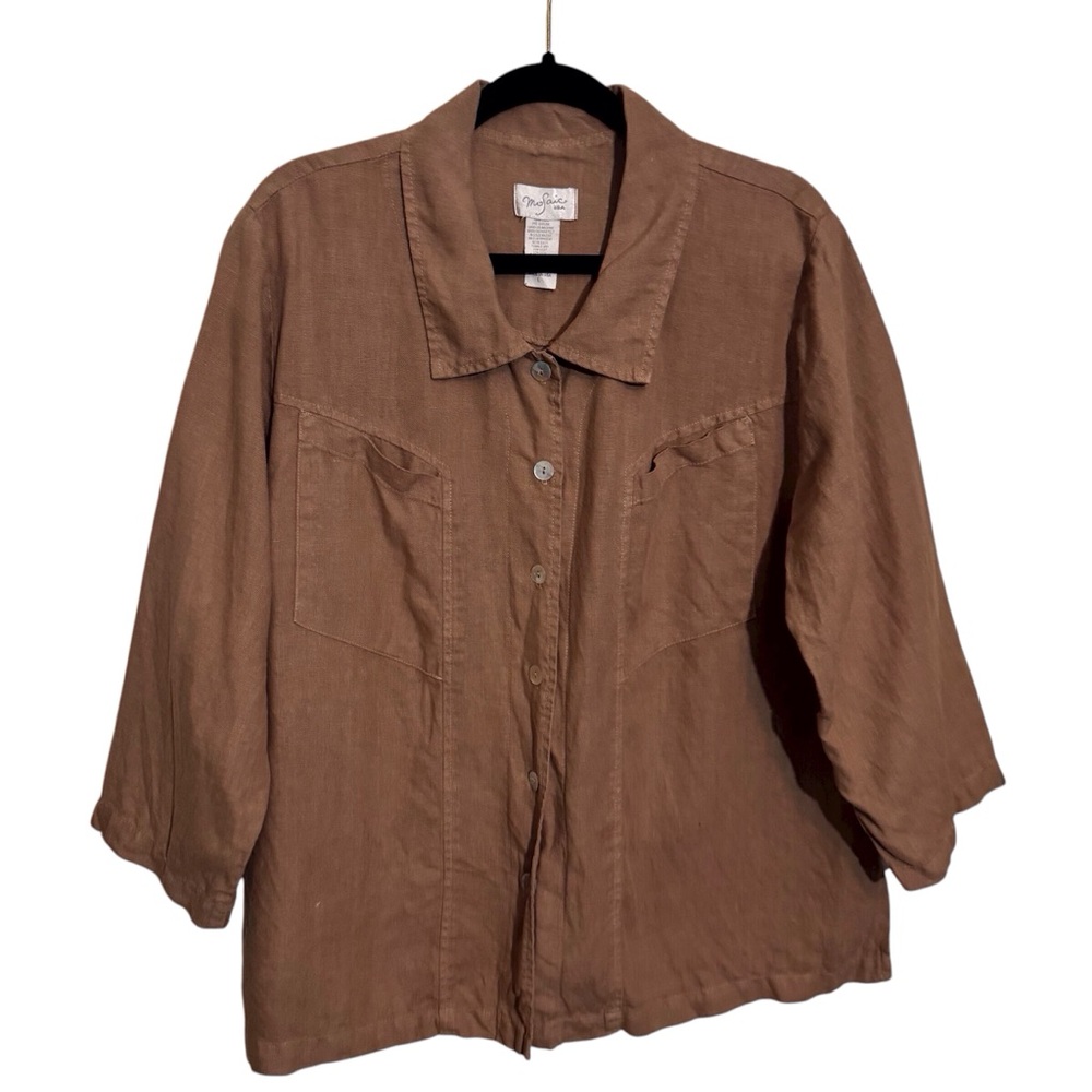 ❌Mosaic Large Brown Linen Button Up Tunic Top Lagenlook Long Sleeve Collared USA